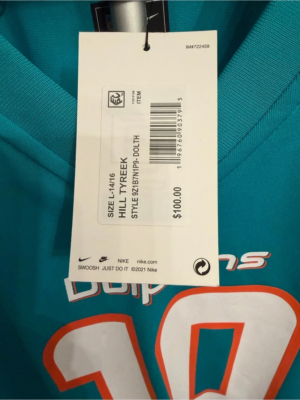 Nike Miami Dolphins Tyreek Hill #10 Youth Jersey NFL -Large - Aqua/White/Orange